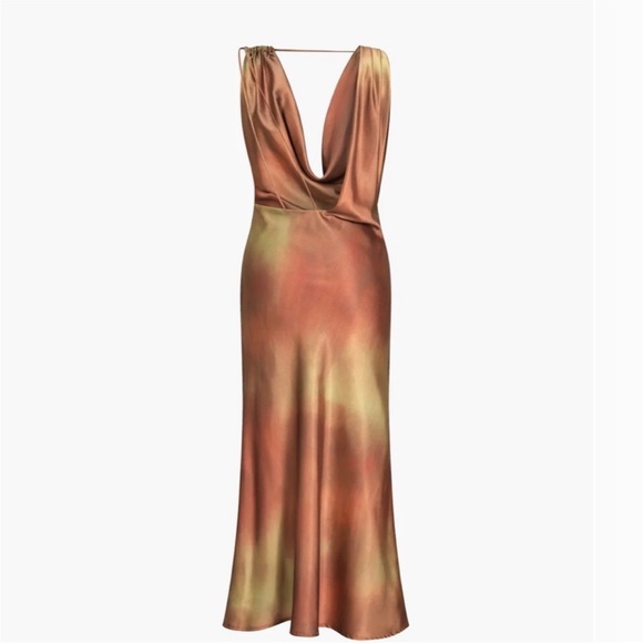🌅 Orange tie dye sunset printed silky satin strappy open back midi slip dress - Picture 4 of 9